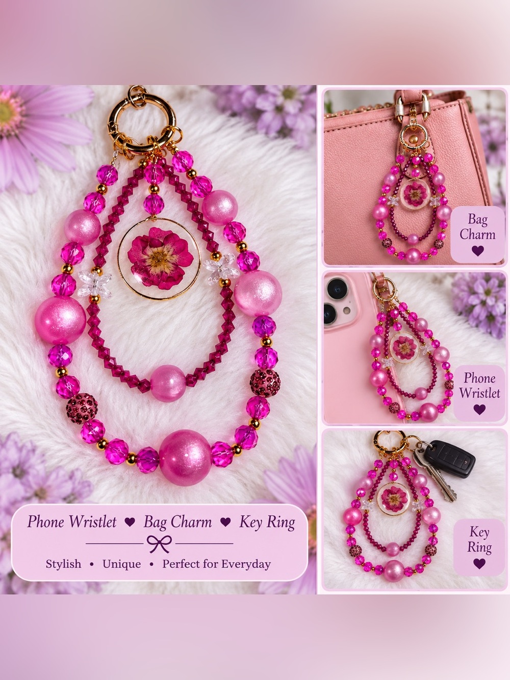 Pink Floral Beaded Keychain Wristlet & Bag Charm phone wristlet